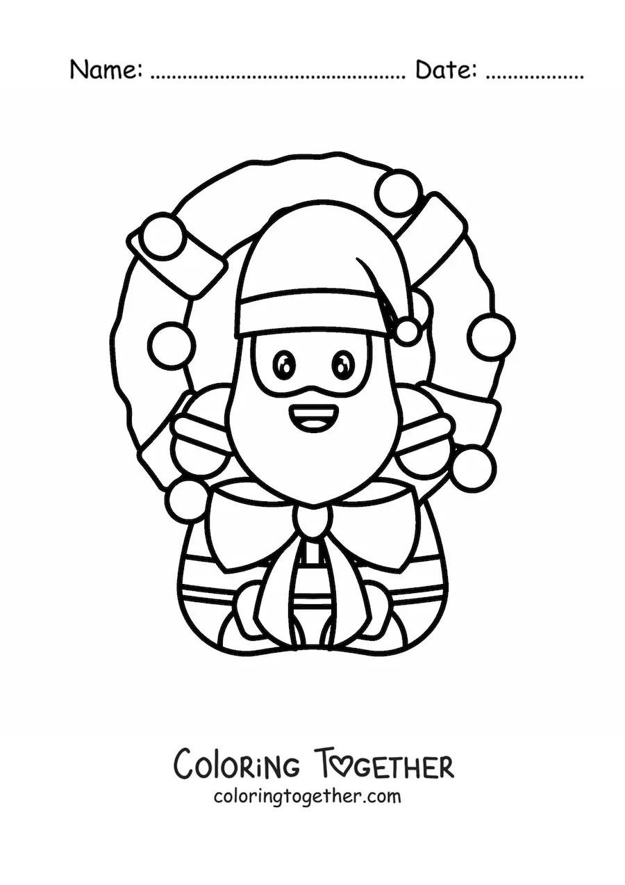 Coloring page of a Christmas wreath with a kawaii Santa