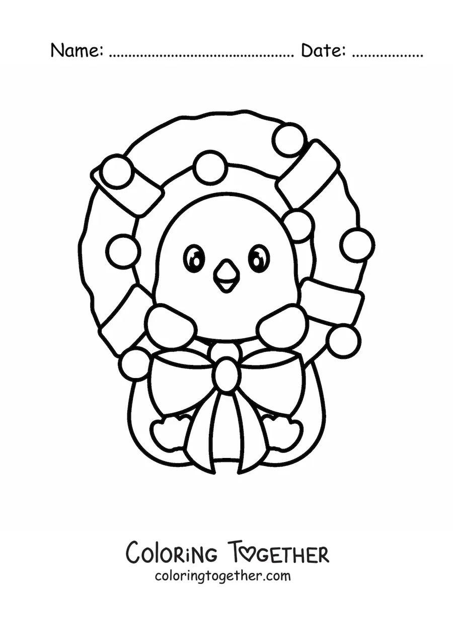 Coloring page of a Christmas wreath with a kawaii penguin