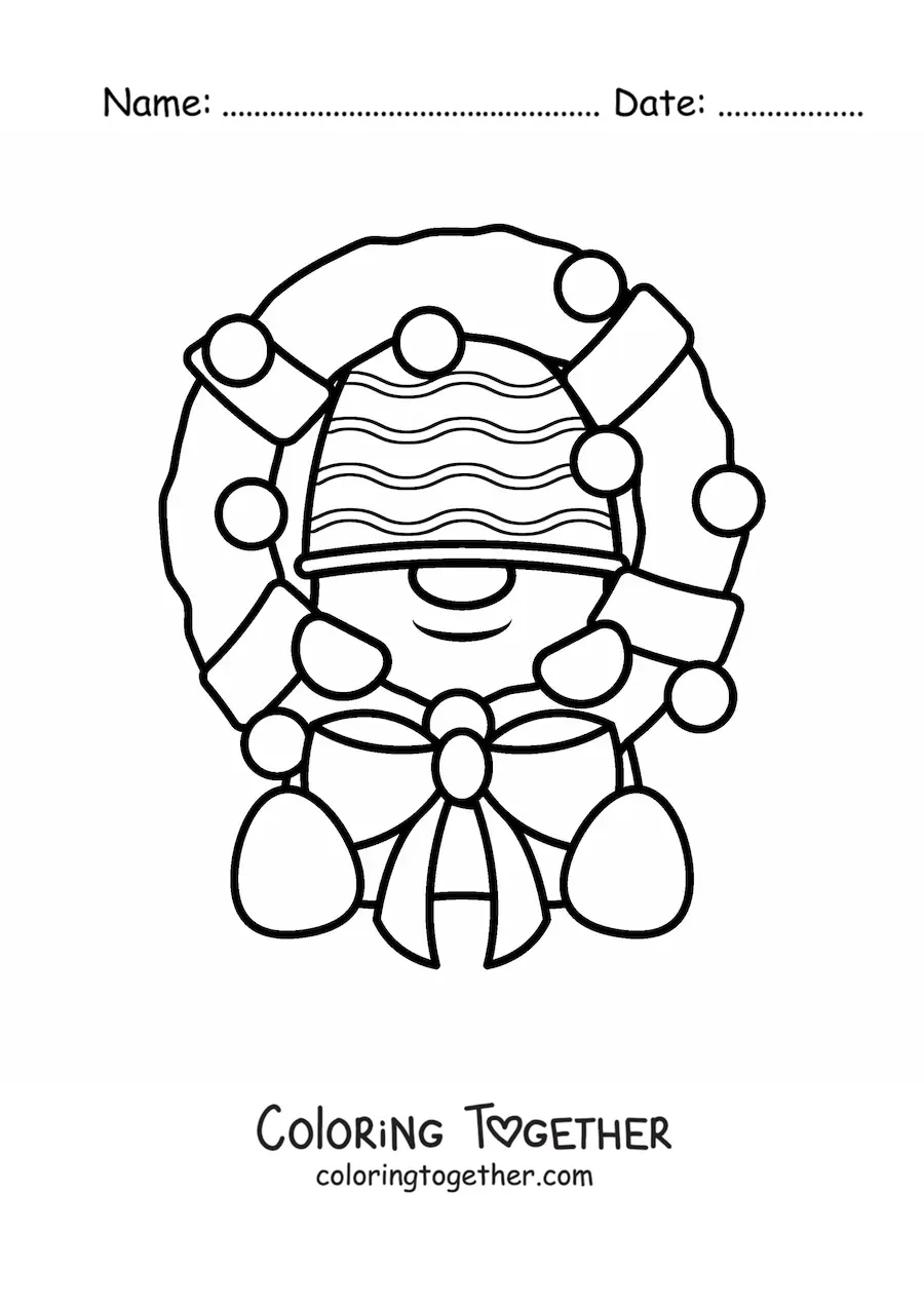 Coloring page of a Christmas wreath with a snowman