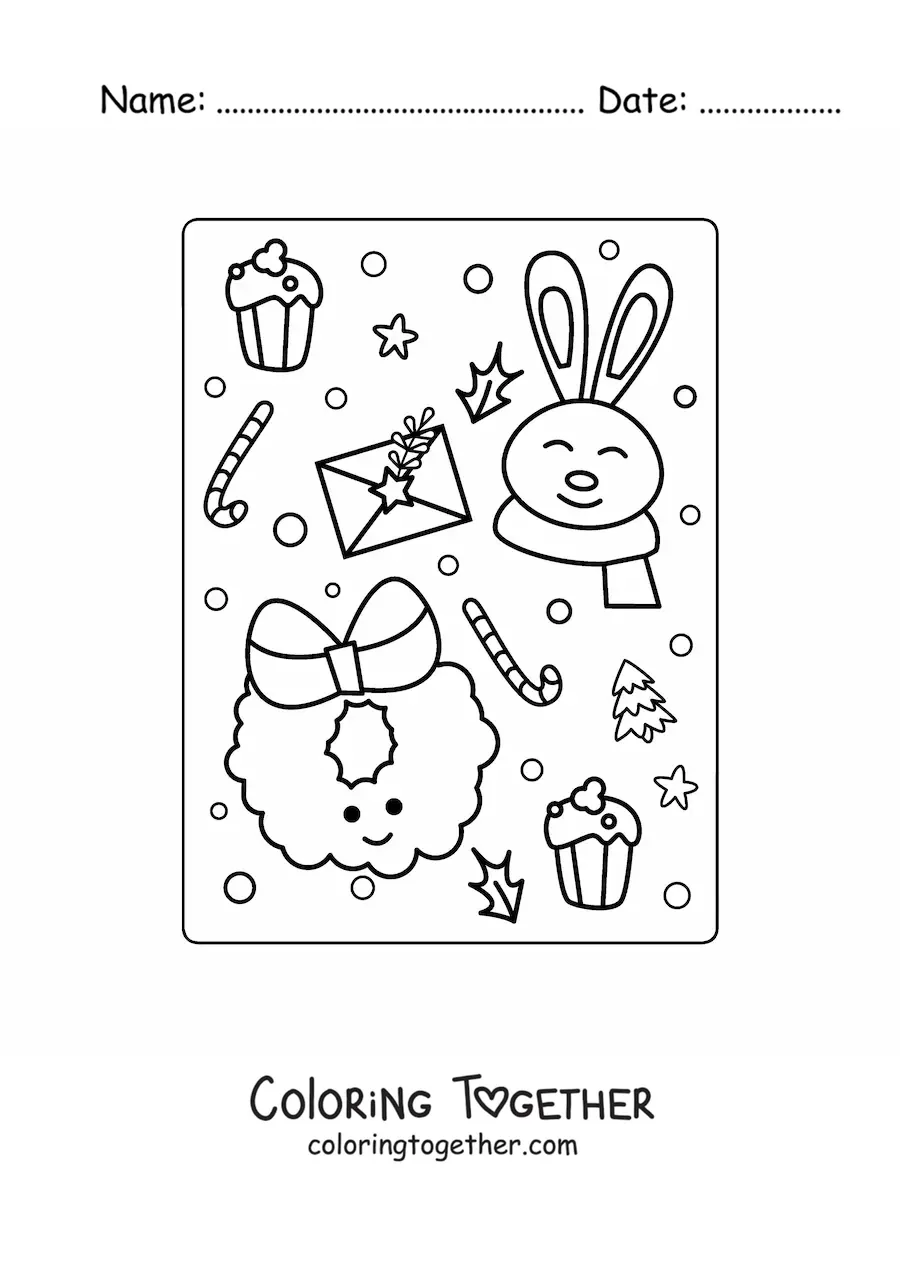 Coloring page of a kawaii cartoon Christmas wreath