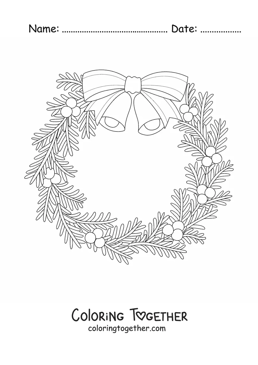 Coloring page of a Christmas wreath with bells