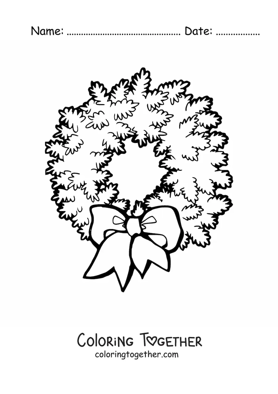Coloring page of a Christmas wreath with a bow