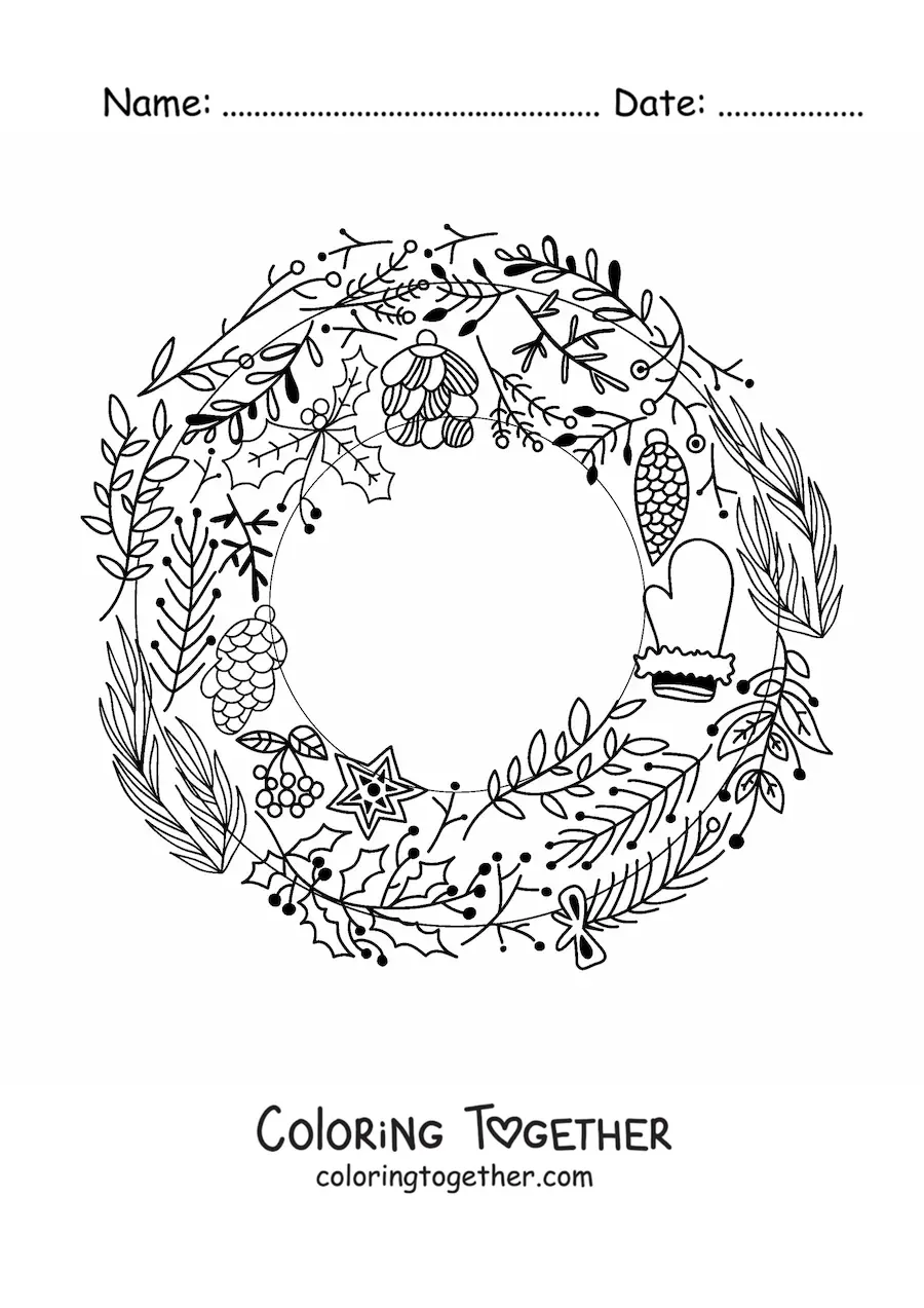 Coloring page of a Christmas wreath with ornaments