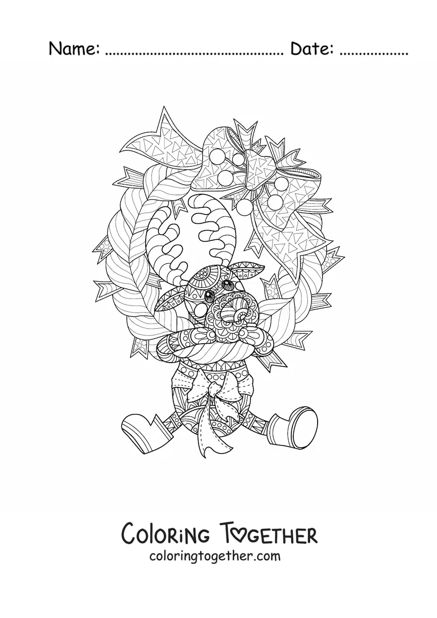 Coloring page of a Christmas wreath with a reindeer mandala
