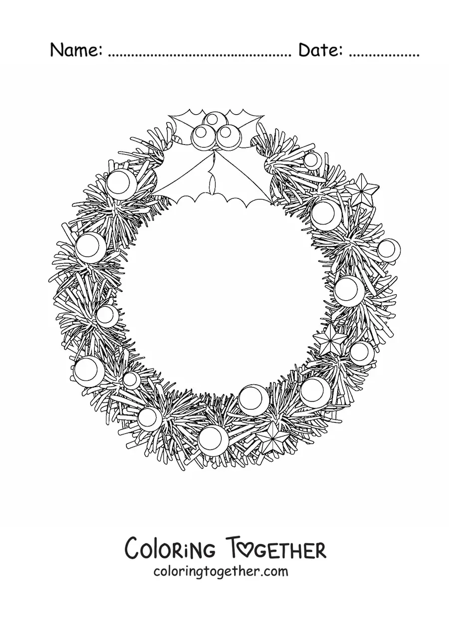Coloring page of a Christmas wreath with decorations