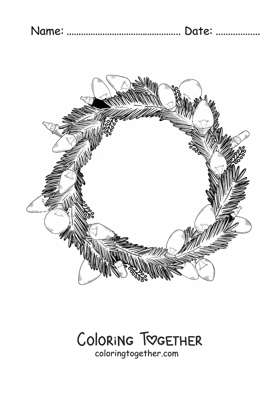Coloring page of a Christmas wreath with lights
