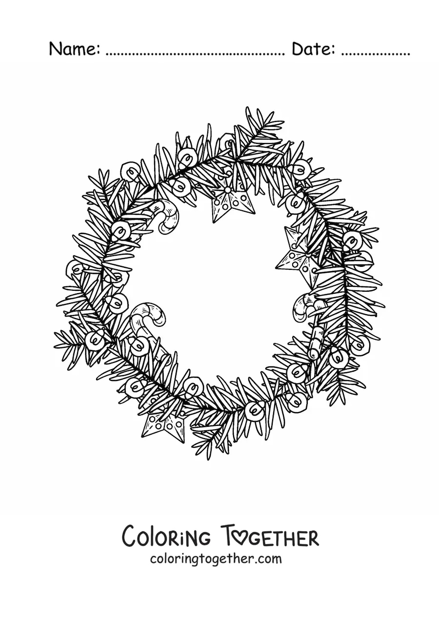 Coloring page of a Christmas wreath with a candy cane