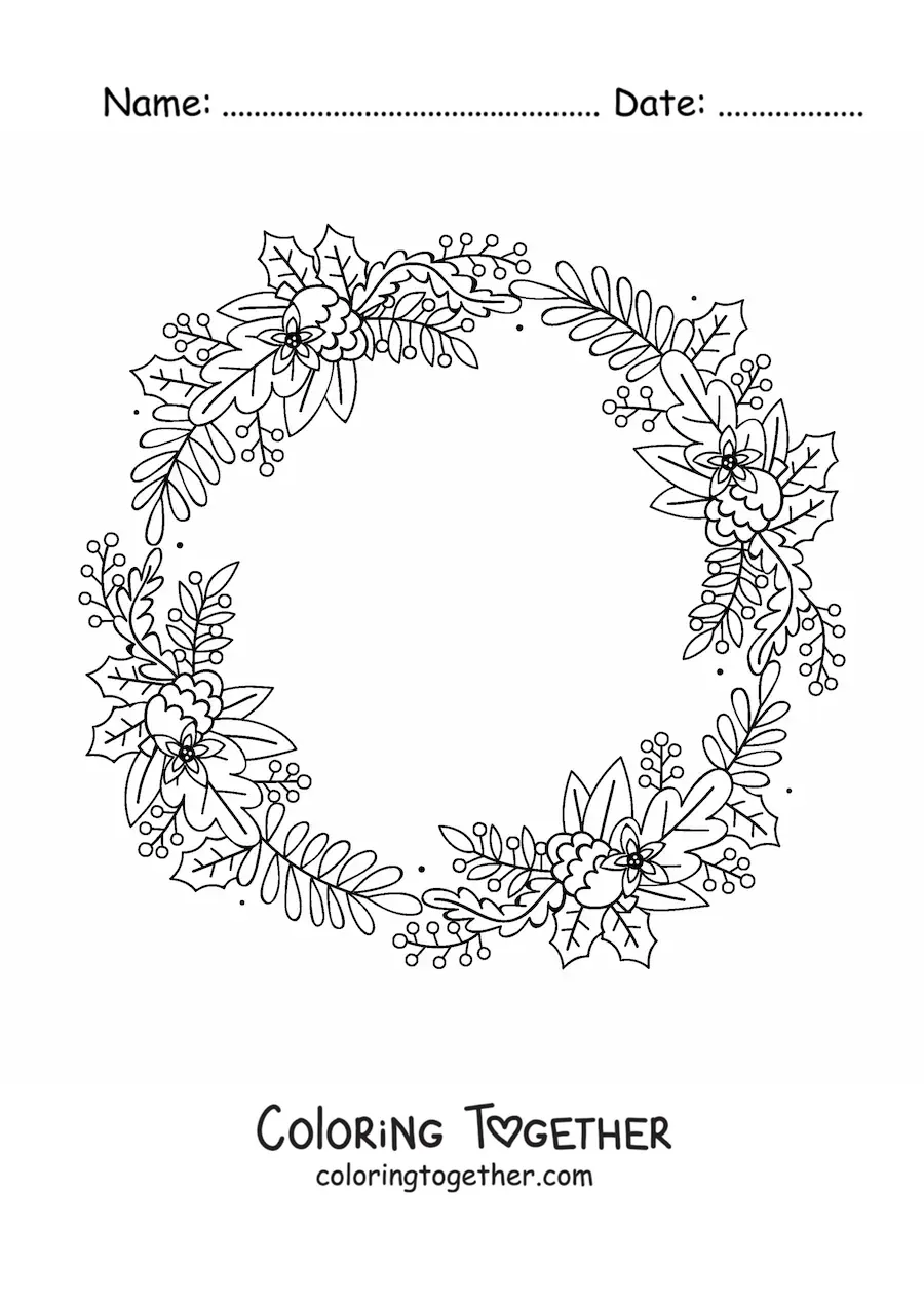Coloring page of a Christmas wreath with leaves