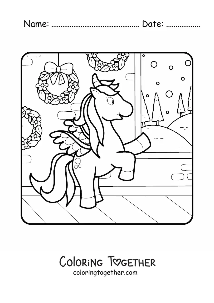 Coloring page of a unicorn with Christmas wreaths