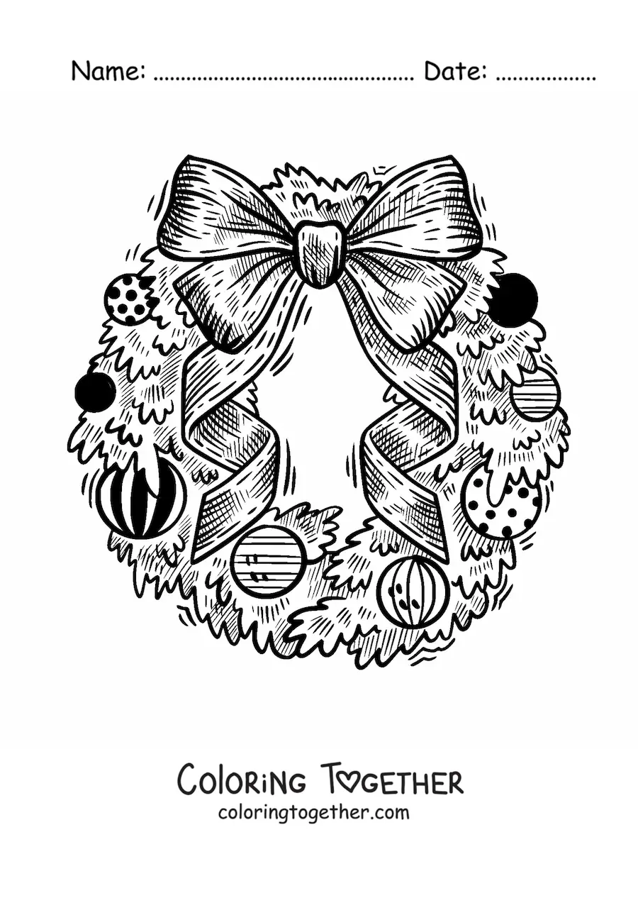 Coloring page of a realistic Christmas wreath
