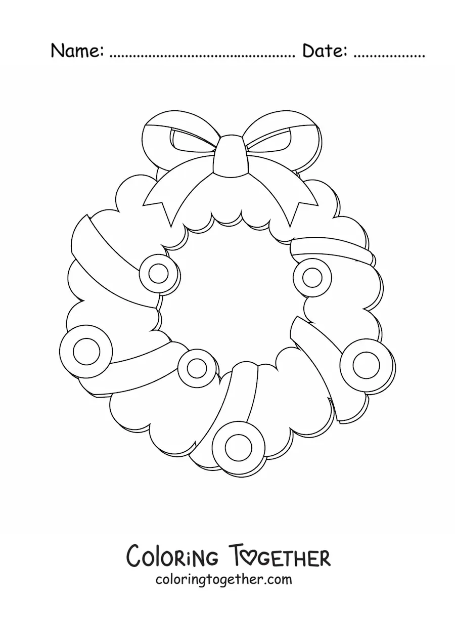Coloring page of a Christmas wreath with a bow and decorations