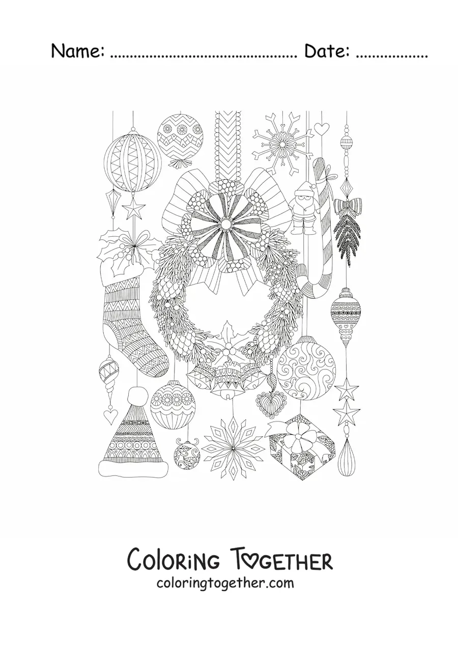 Coloring page of a Christmas wreath with Christmas ornaments