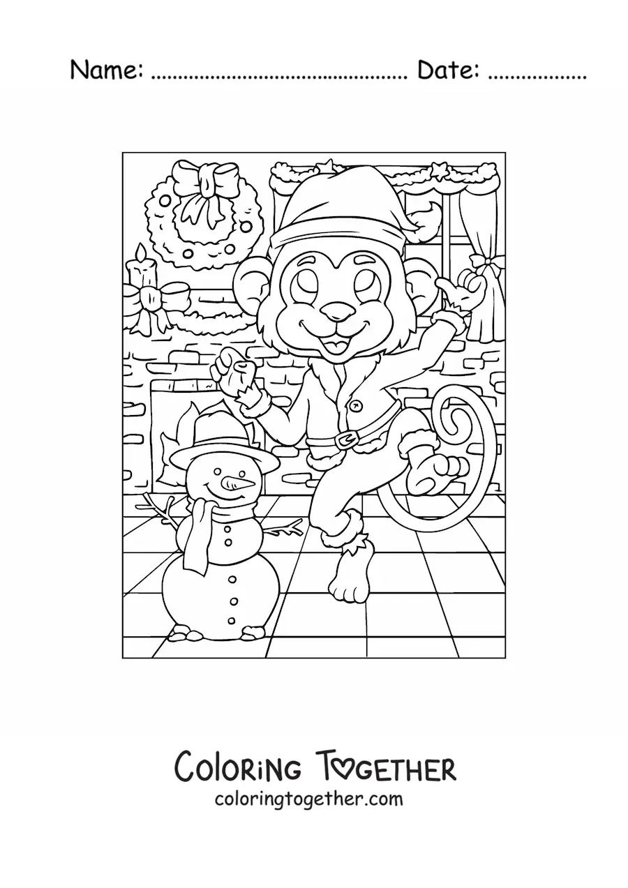 Coloring page of a cartoon monkey with a Christmas wreath