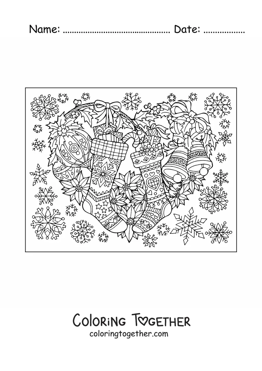 Coloring page of a pretty Christmas wreath with stockings and baubles