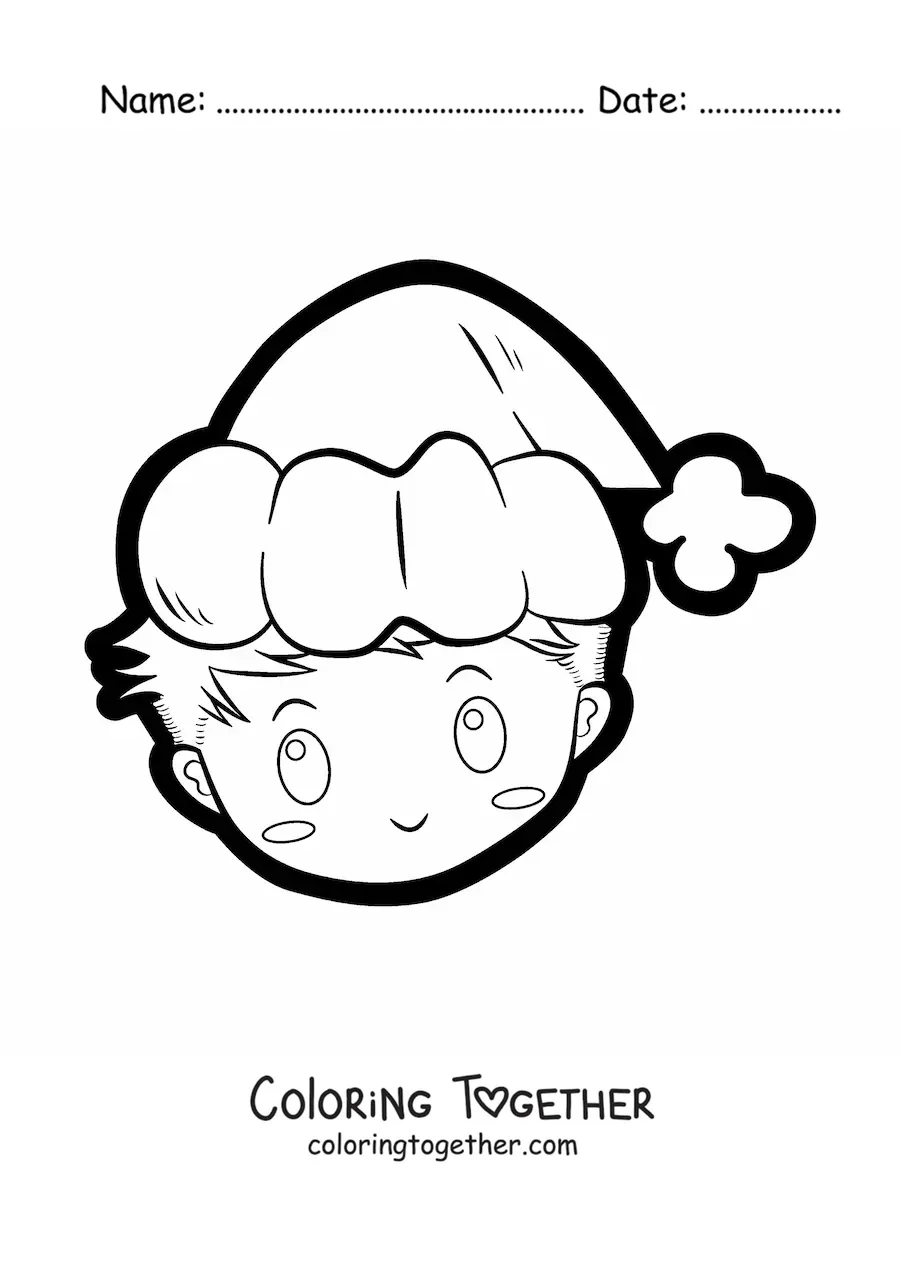 Coloring page of a kawaii boy with a Christmas hat