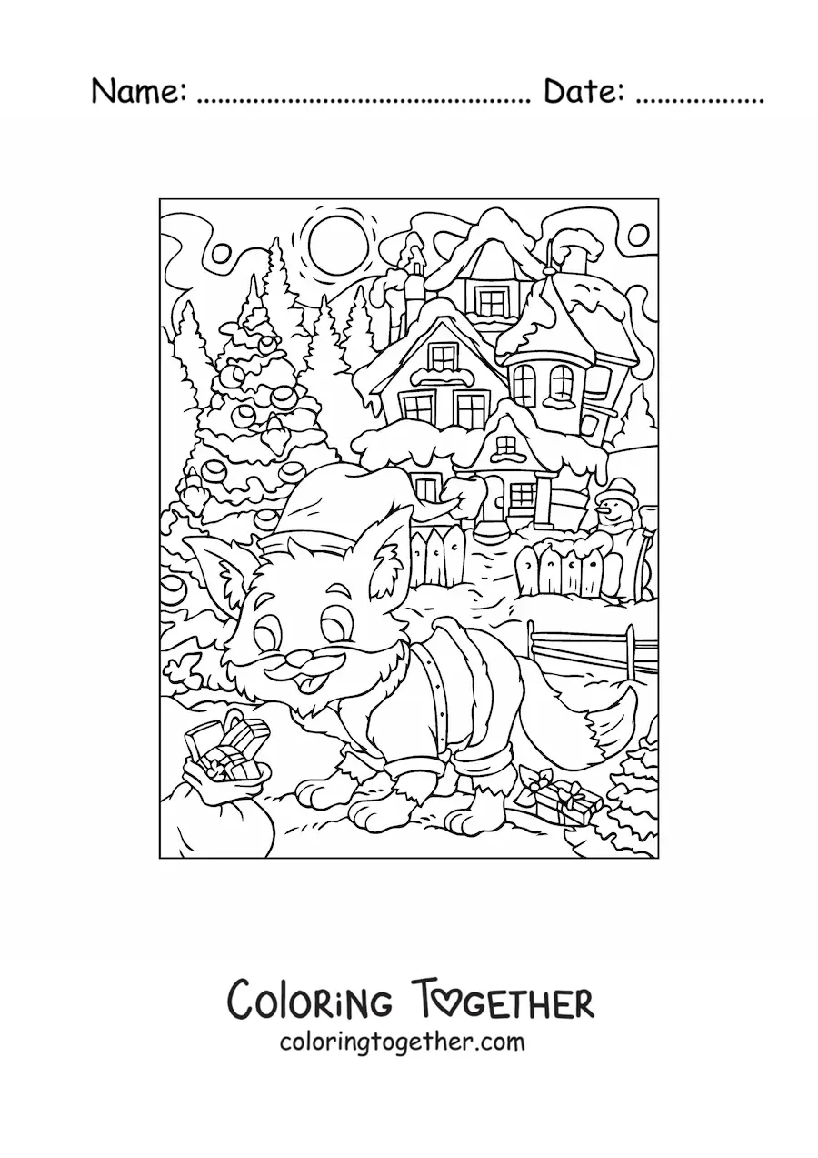 Coloring page of a cartoon fox with a Christmas hat