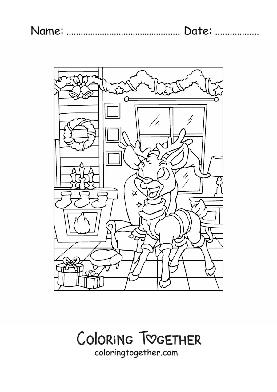 Coloring page of a cartoon deer with a Christmas hat