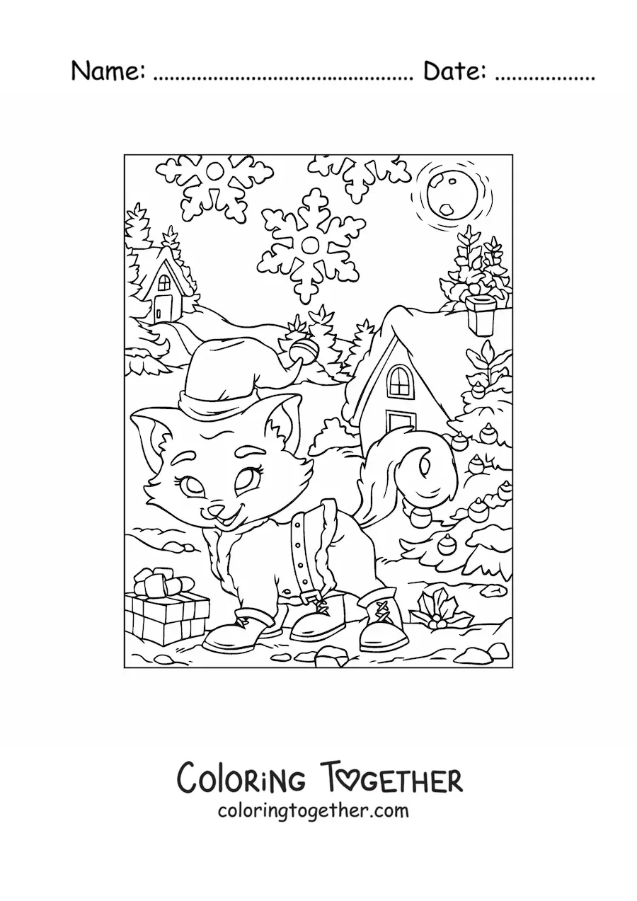 Coloring page of a cartoon cat with a Christmas hat