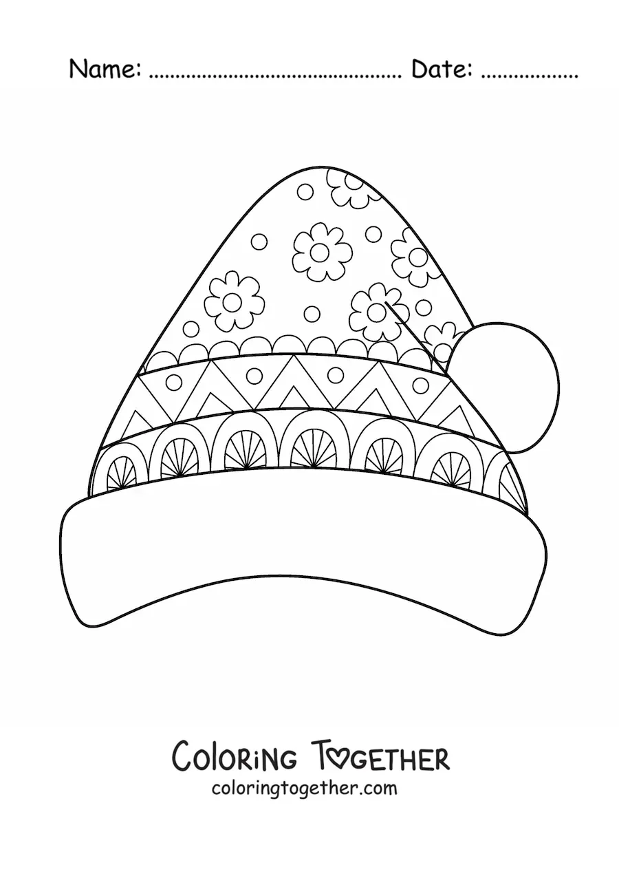 Coloring page of a Christmas hat with a flower mandala