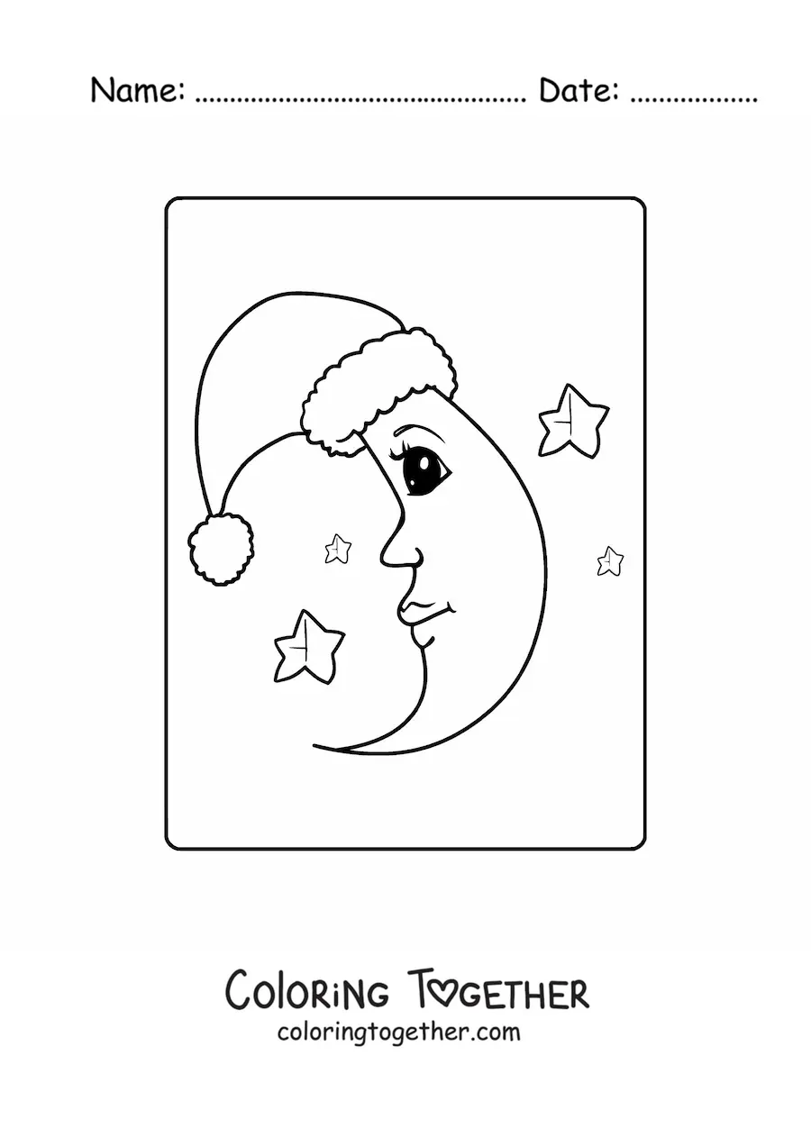 Coloring page of a cartoon moon with a Christmas hat