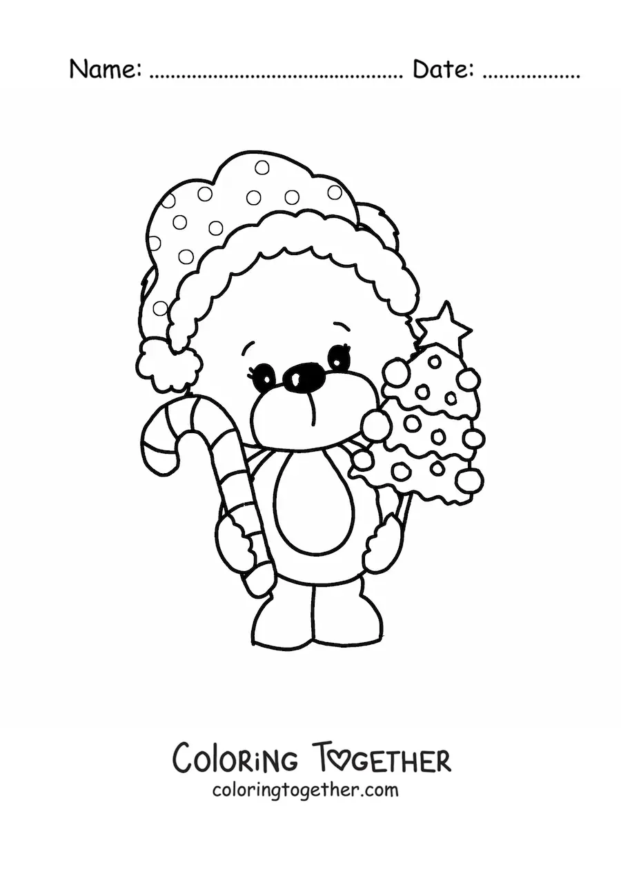 Coloring page of a Christmas bear with a Christmas tree and a candy cane
