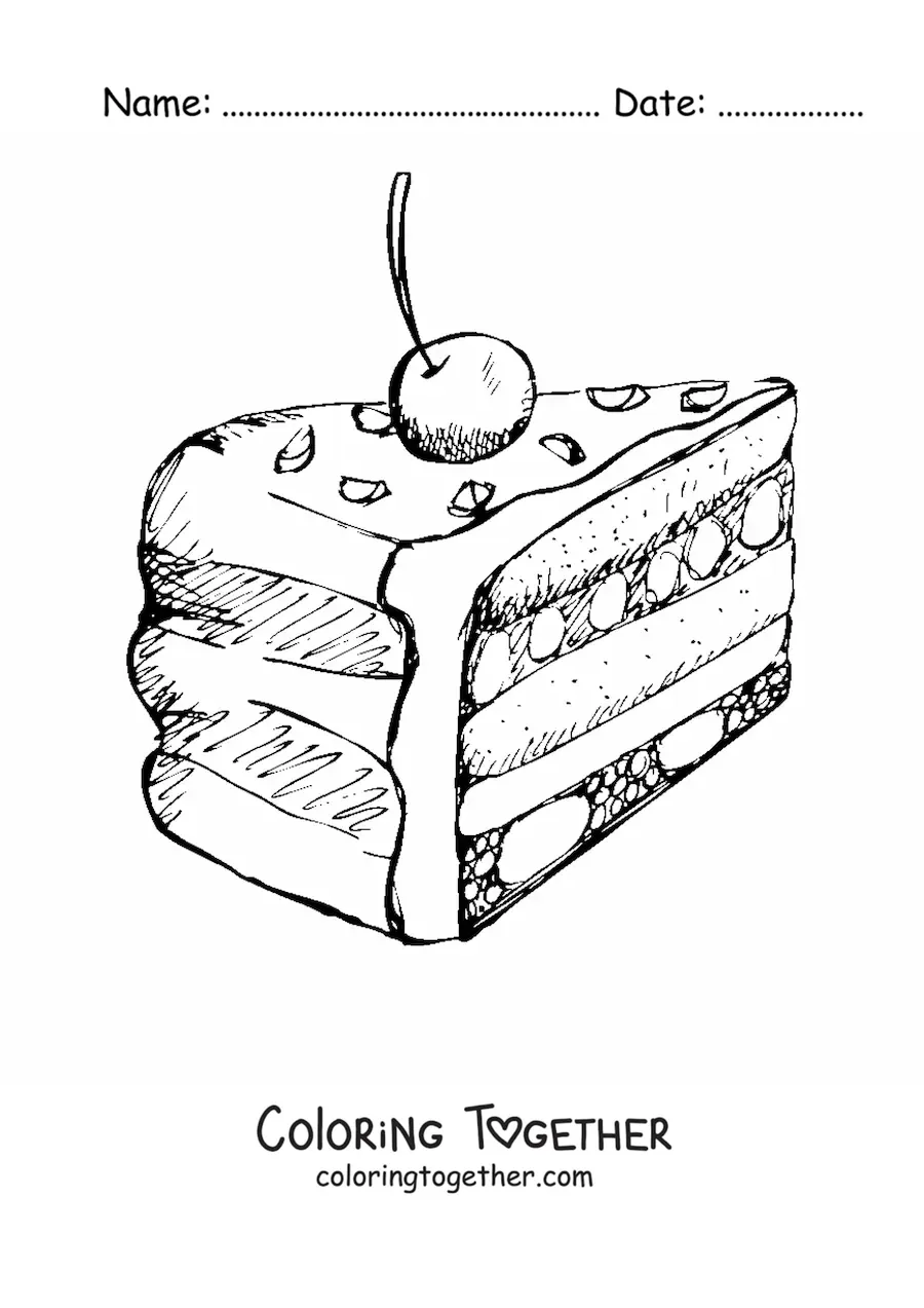 Coloring page of a frosted cake with a cherry