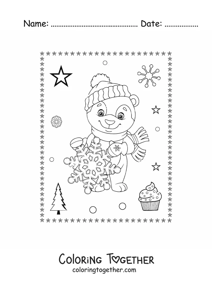 Coloring page of a cartoon Christmas bear with a snowflake