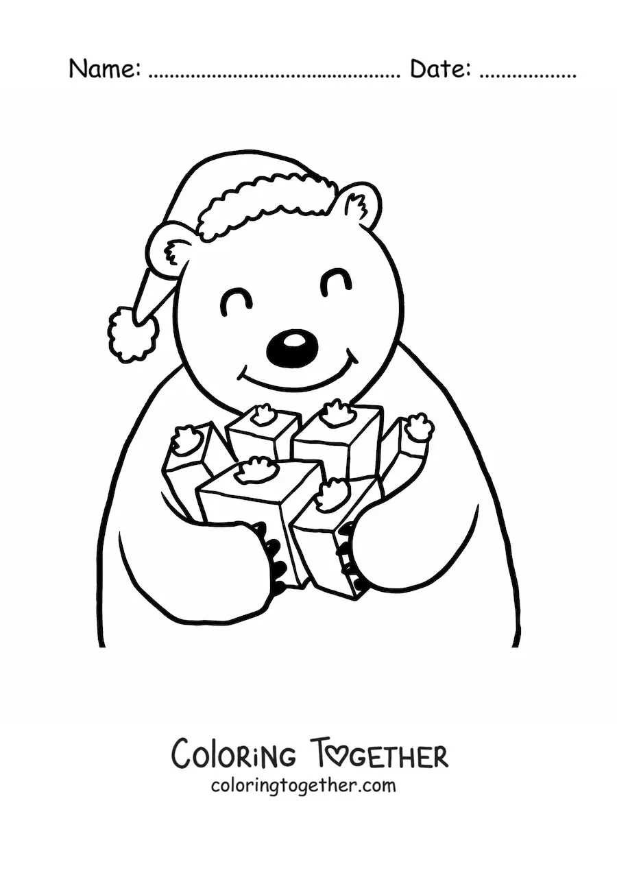 Coloring page of a bear with gifts and a Christmas hat