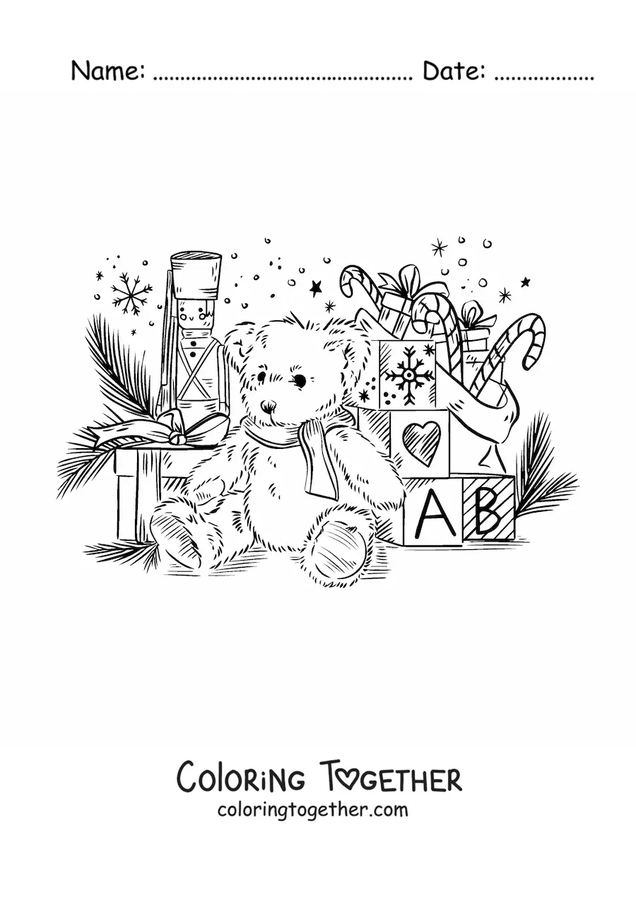 Coloring page of a realistic Christmas teddy bear
