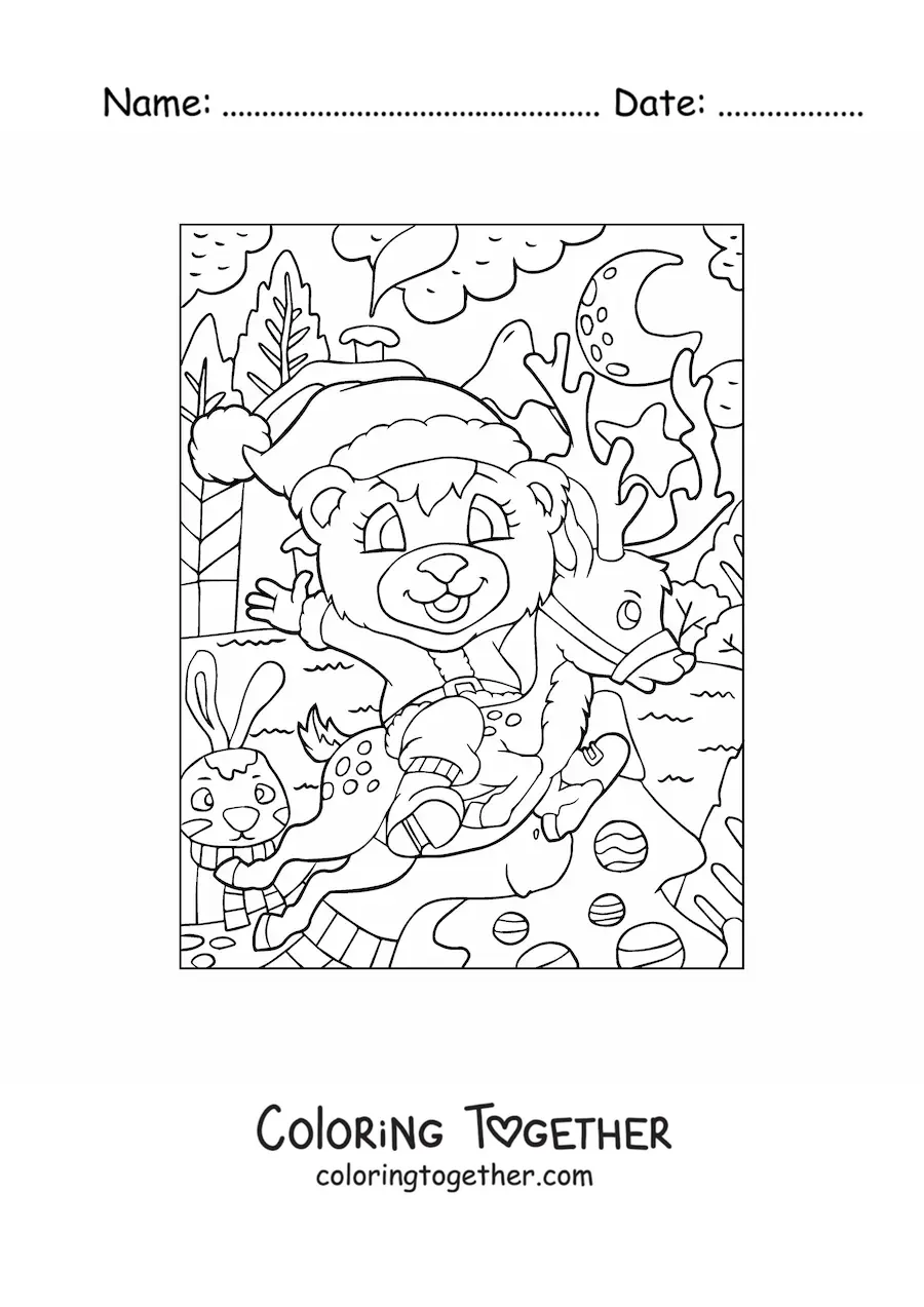 Coloring page of a Christmas bear dressed as Santa with a deer