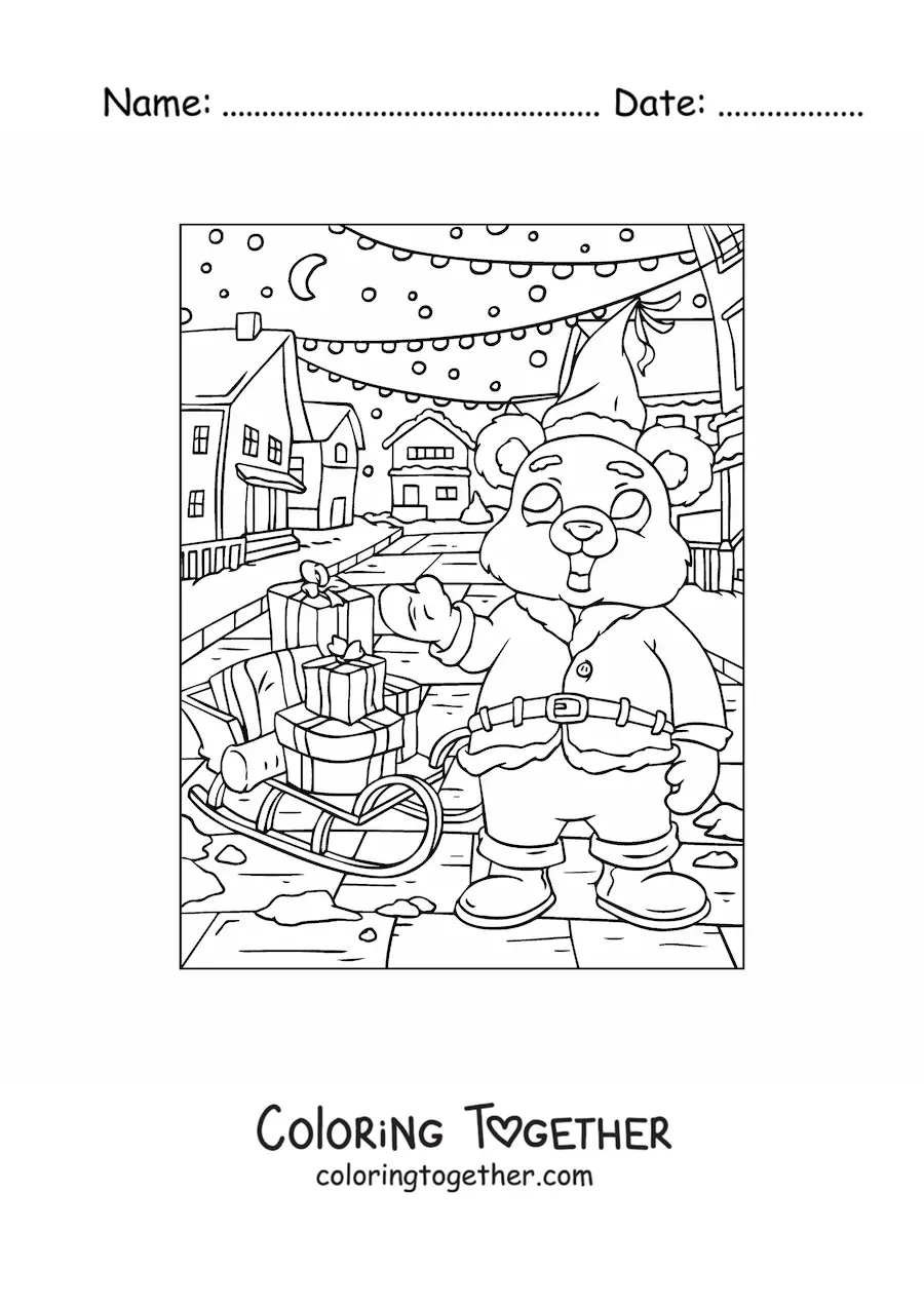 Coloring page of a Christmas bear dressed as Santa with a sleigh full of gifts