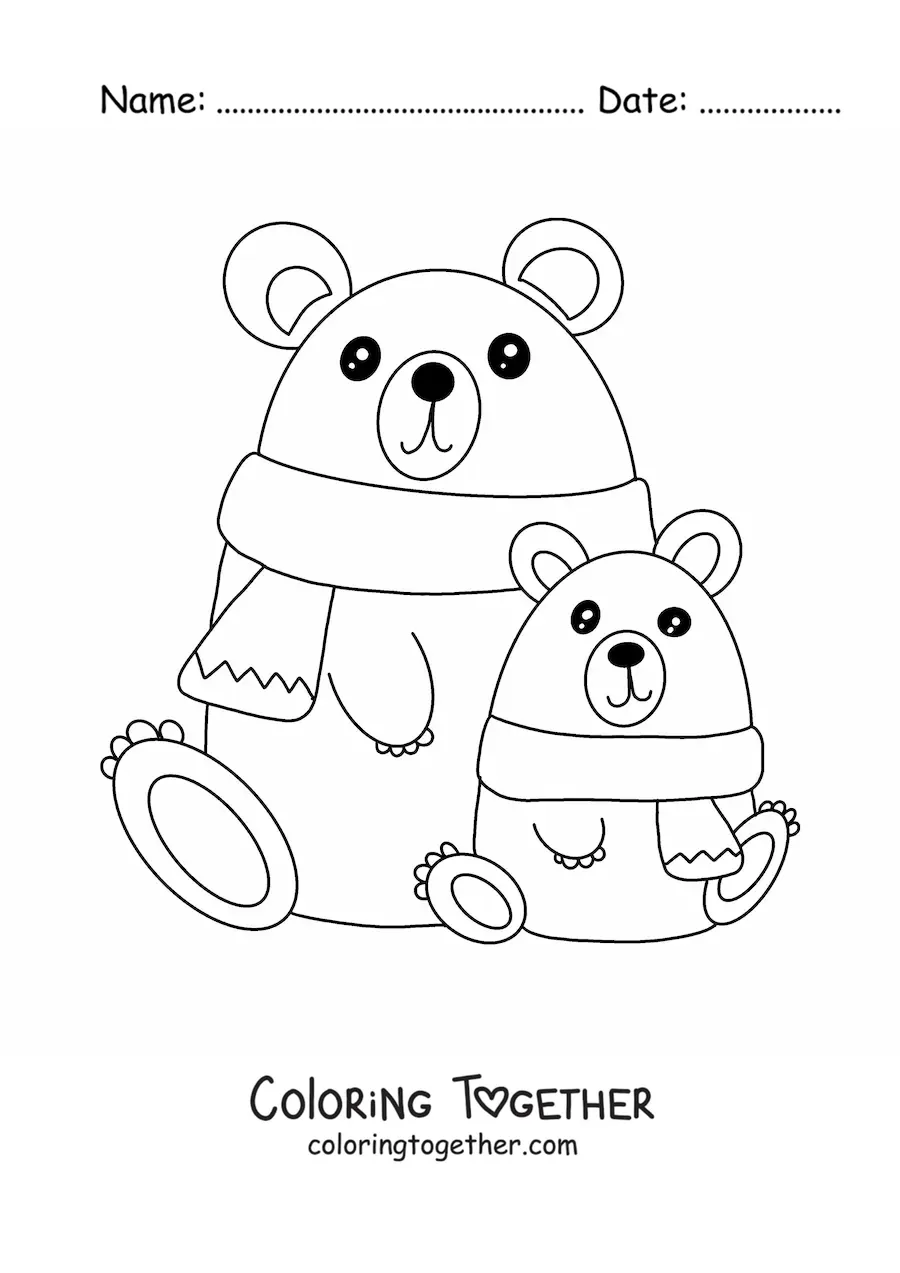Coloring page of Christmas bears with scarves