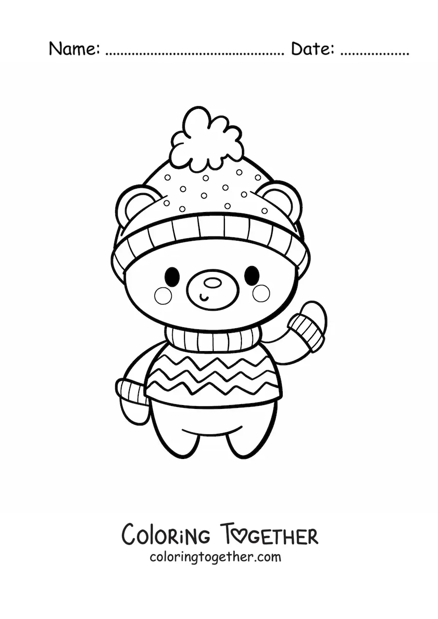Coloring page of a kawaii Christmas bear with a sweater and hat