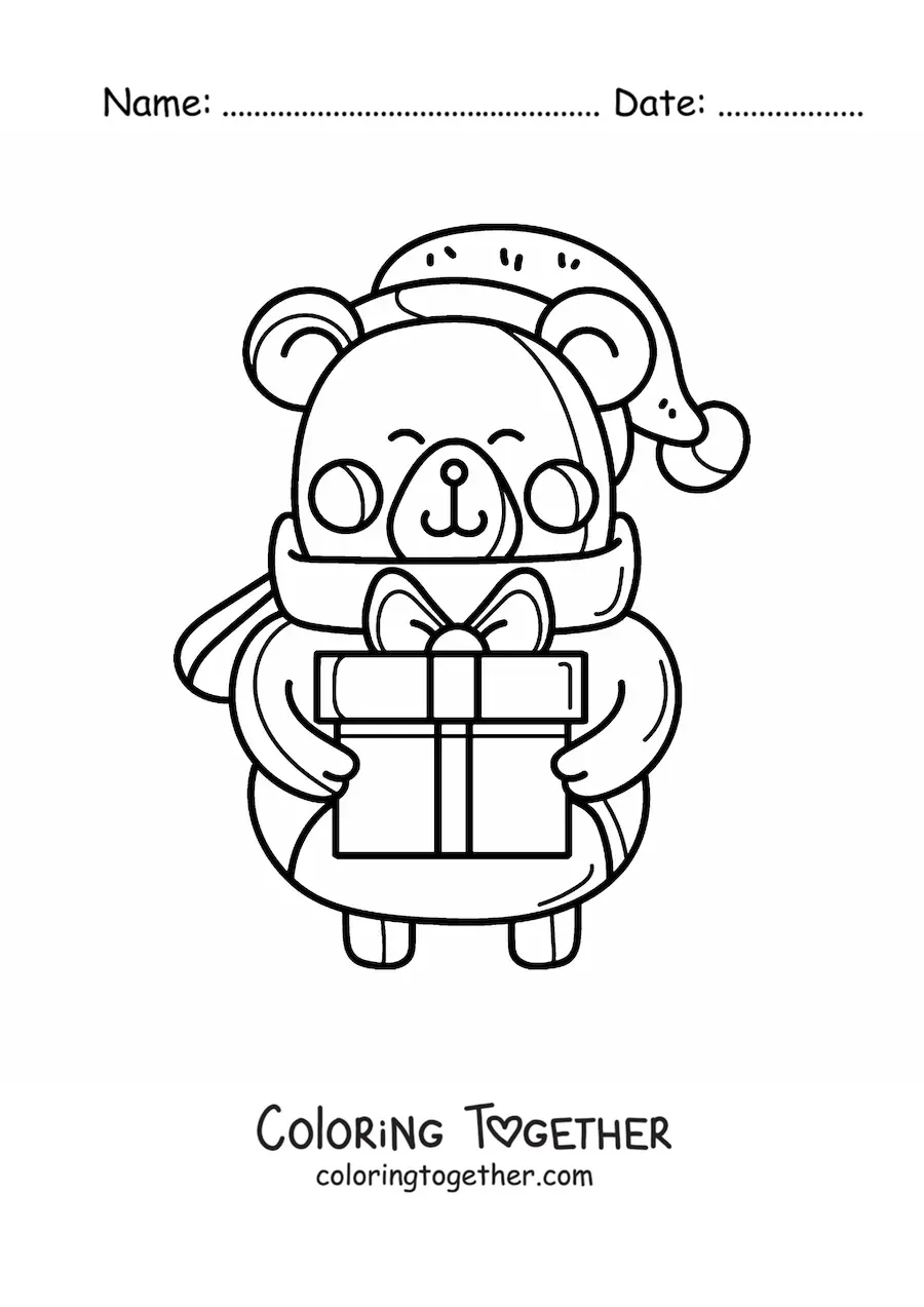 Coloring page of a kawaii Christmas bear with a gift