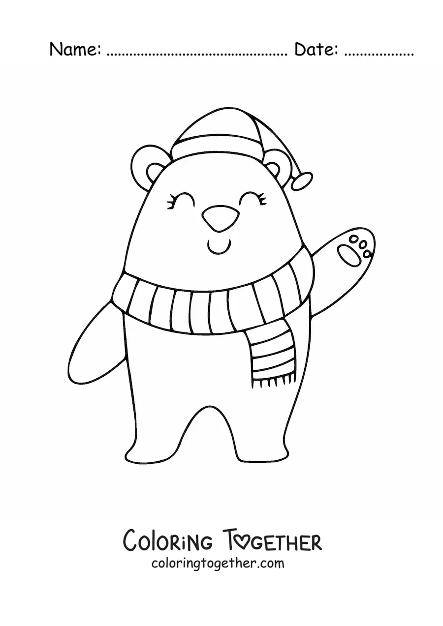 Coloring page of a Christmas bear with a scarf and hat