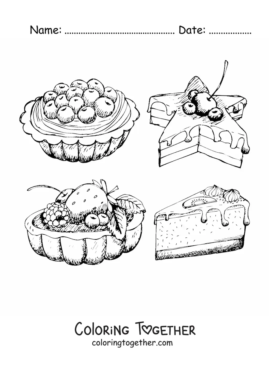 Coloring page of four cakes made with different fruits