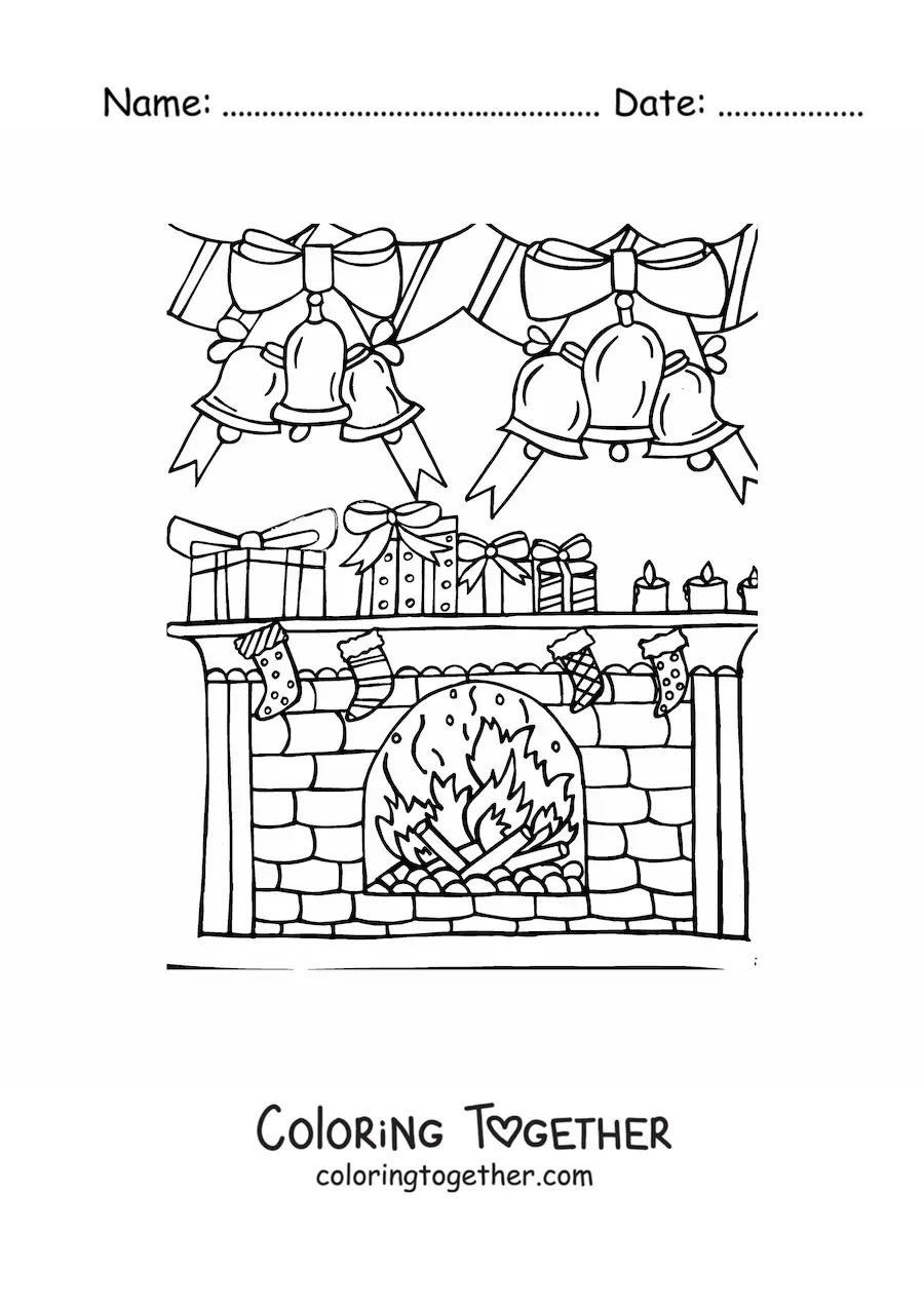 Coloring page of a fireplace decorated with Christmas stockings and bells