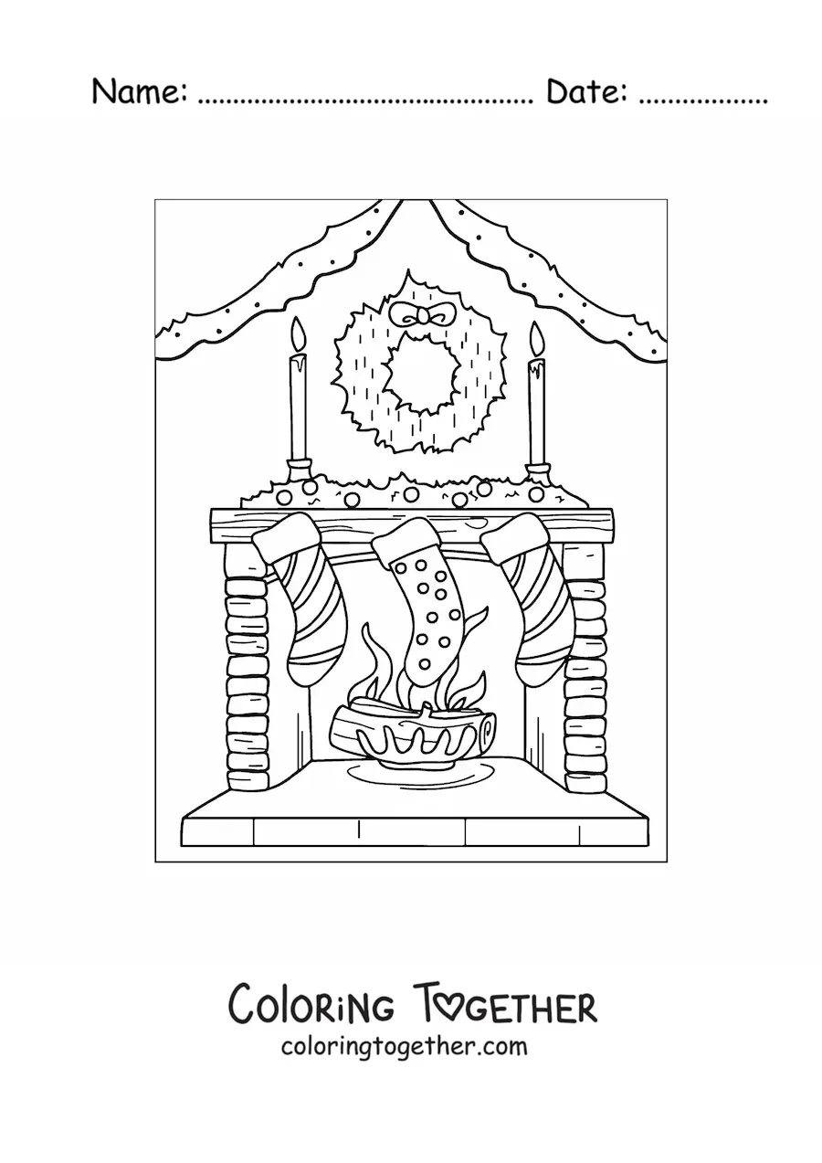 Coloring page of a fireplace decorated with Christmas stockings and a wreath