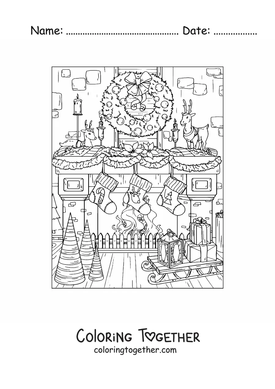 Coloring page of a realistic fireplace decorated for Christmas
