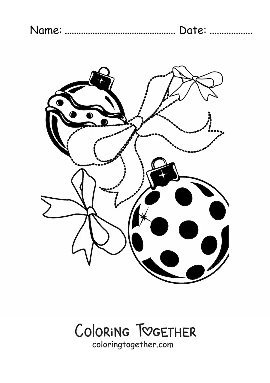 Coloring page of Christmas baubles with bows