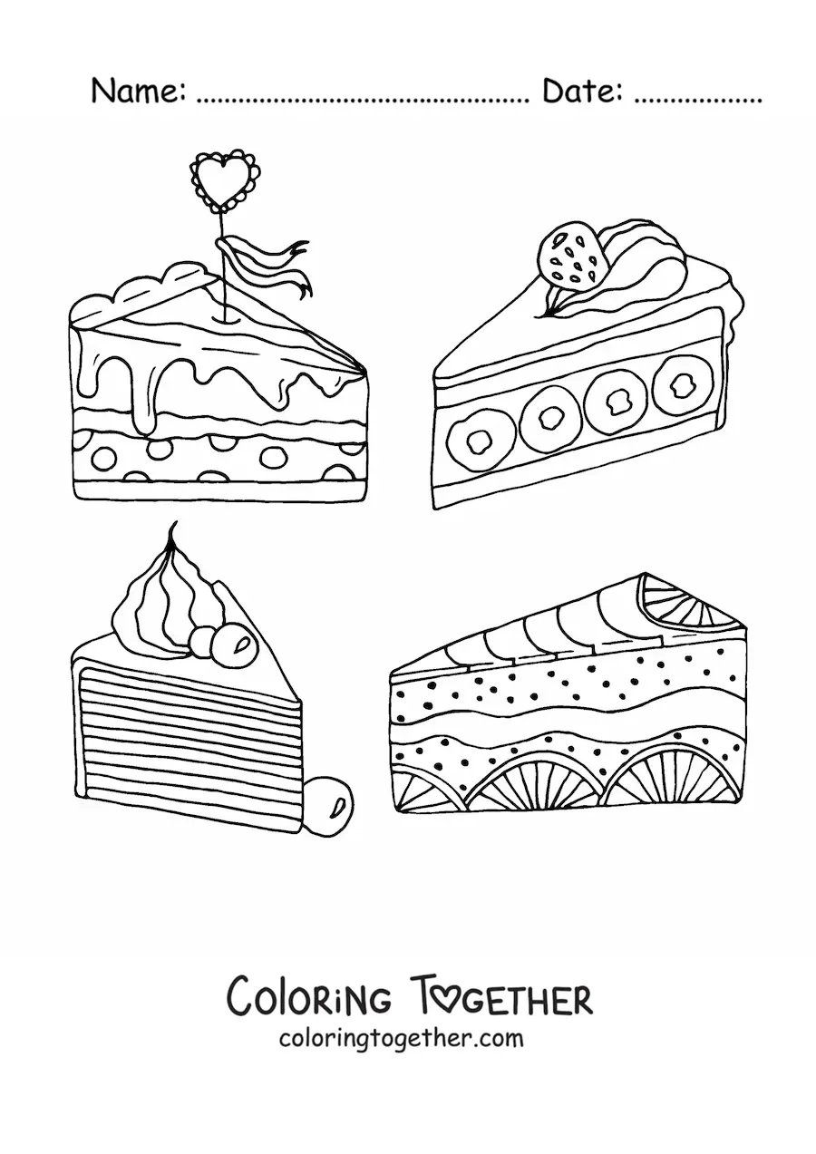 Coloring page of four triangular slices of fruit cake