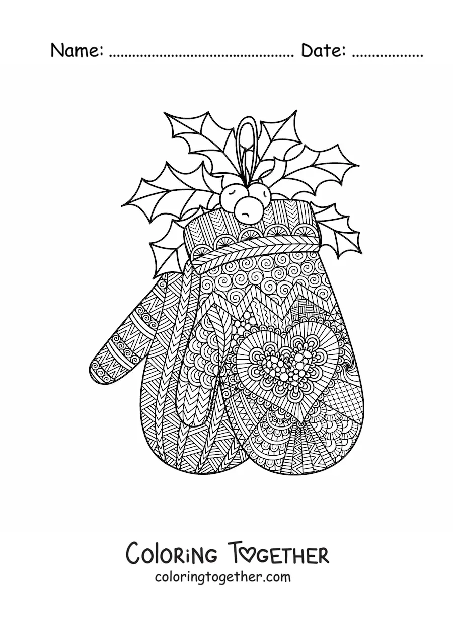Coloring page of zentangle style Christmas gloves