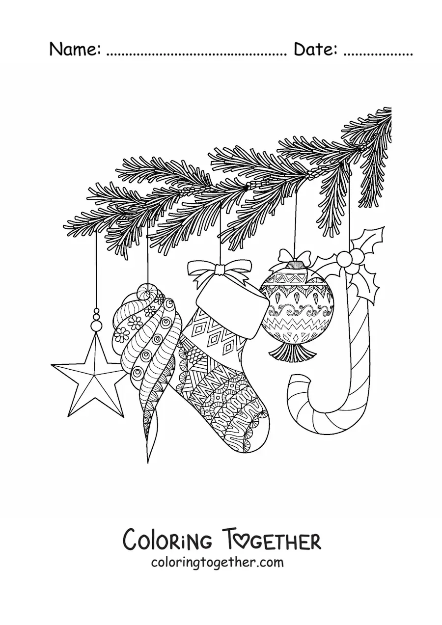 Coloring page of a Christmas tree branch with baubles and ornaments