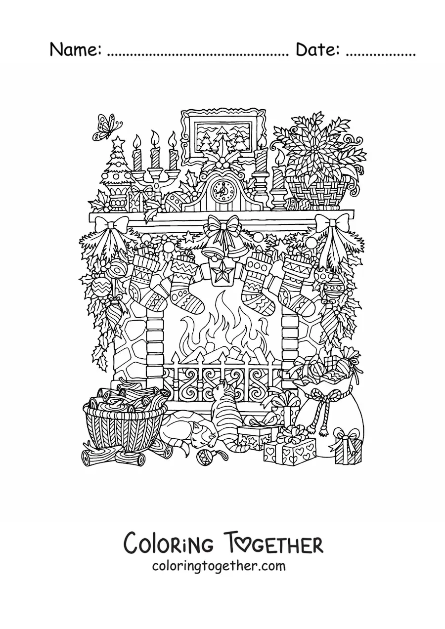 Coloring page of a realistic fireplace decorated for Christmas with gifts