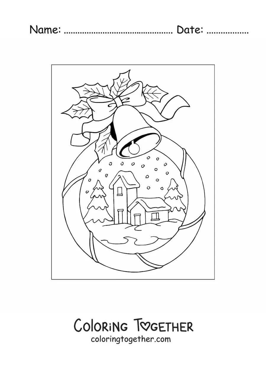Coloring page of a Christmas snow globe with a landscape
