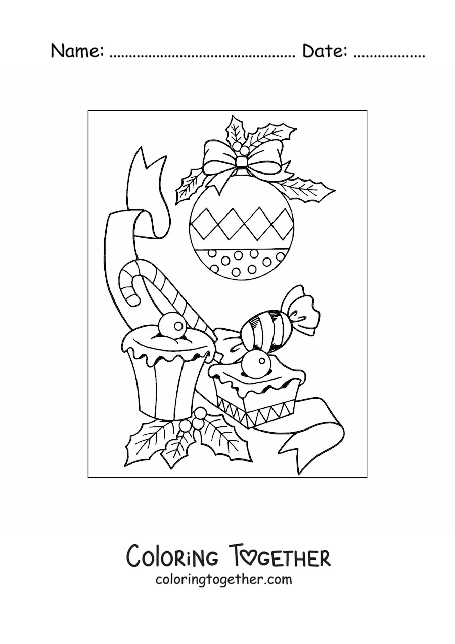 Coloring page of a bauble with Christmas candies