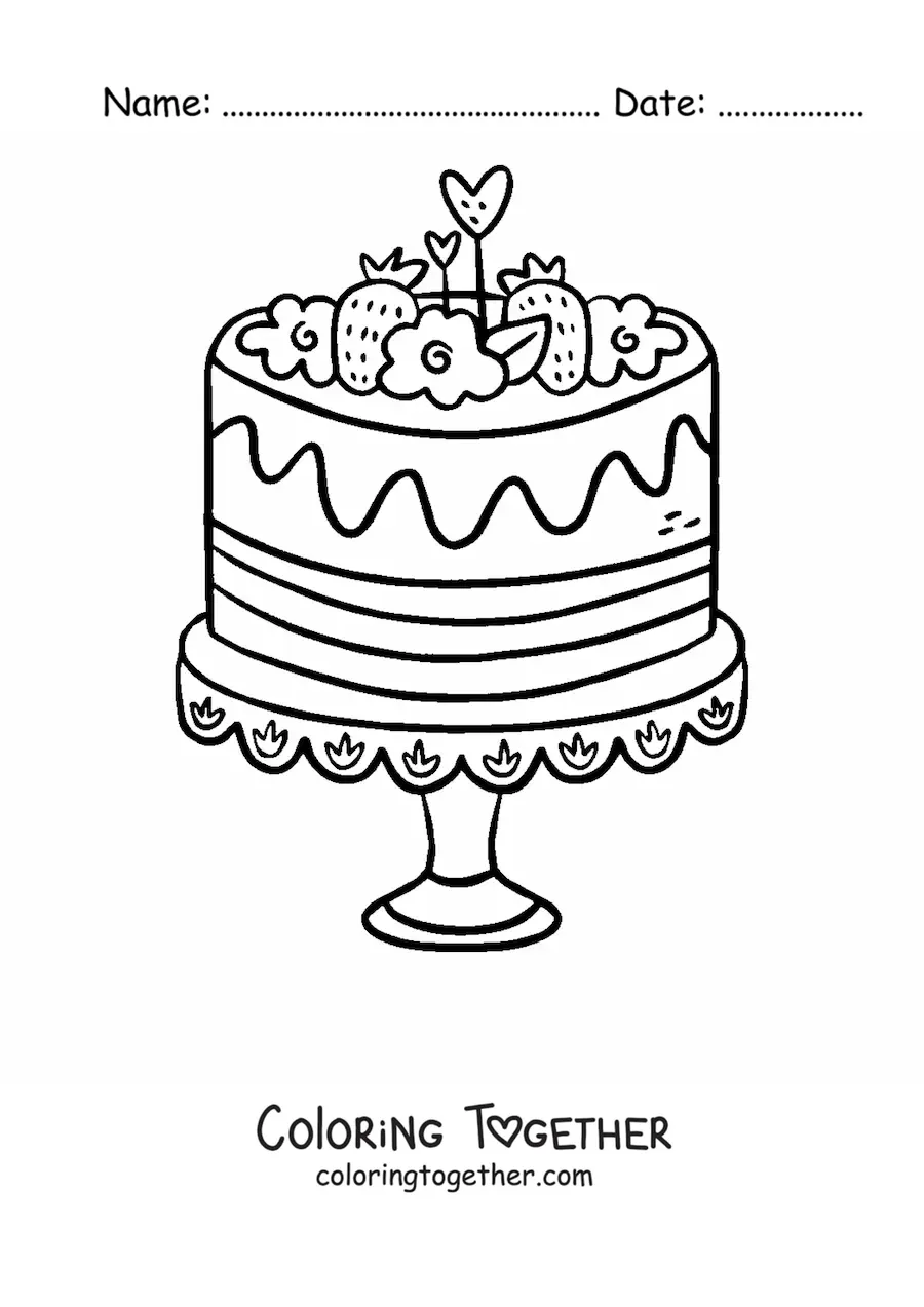 Coloring page of a cake decorated with strawberries and flowers