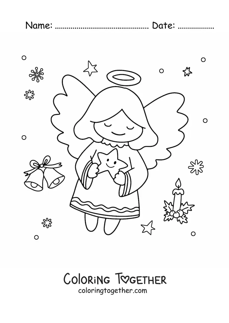 Coloring page of a kawaii Christmas angel with a star