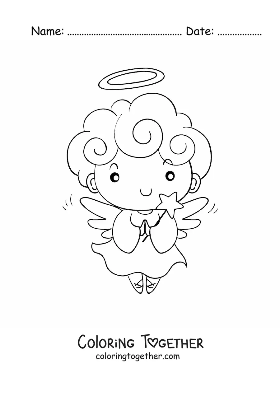 Coloring page of a little Christmas angel with a star
