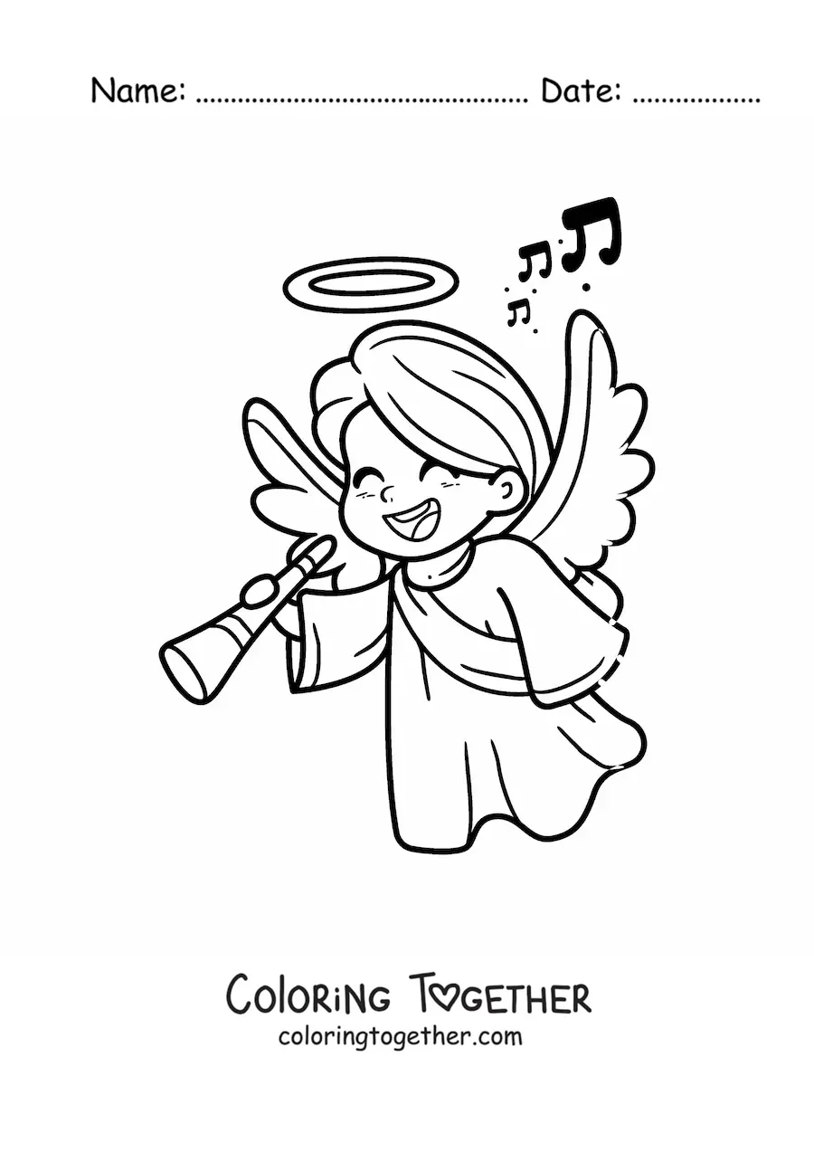 Coloring page of a little Christmas angel with a flute